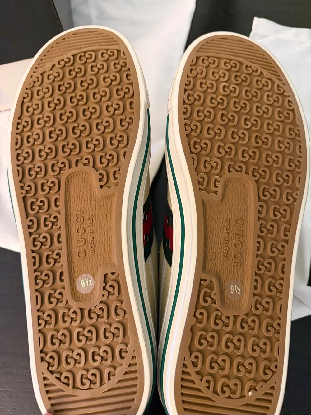 Gucci Men’s Pale Yellow Canvas Low-Top Sneakers with Green & Red Web
